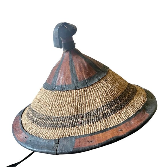 West African Tuareg Fulani Hat Tribal Handmade Leather & Grass Fiber Chin Strap - Picture 4 of 11